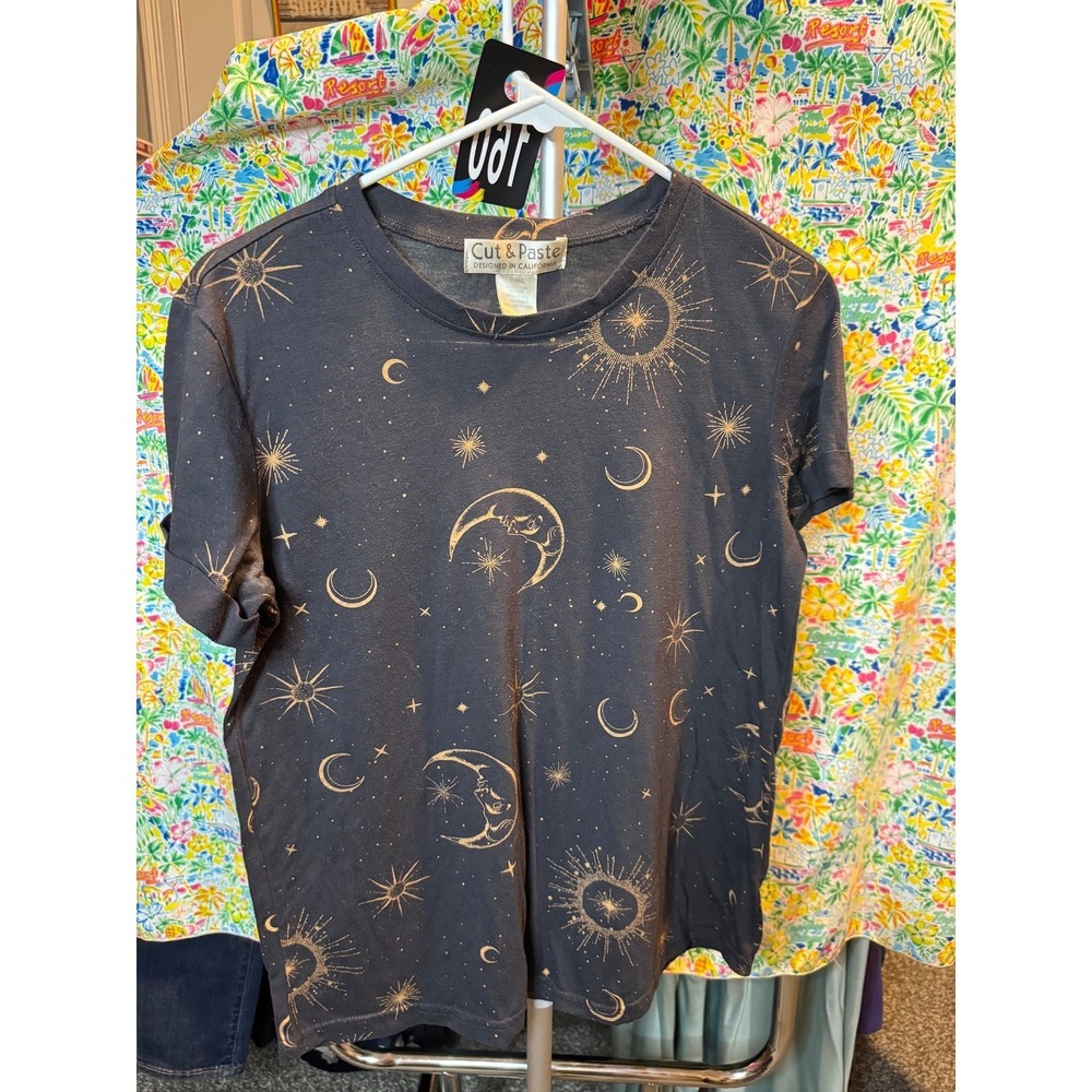 160 Cut & Paste Celestial Sun Moon Star Metallic Print T-Shirt Navy Gold Small